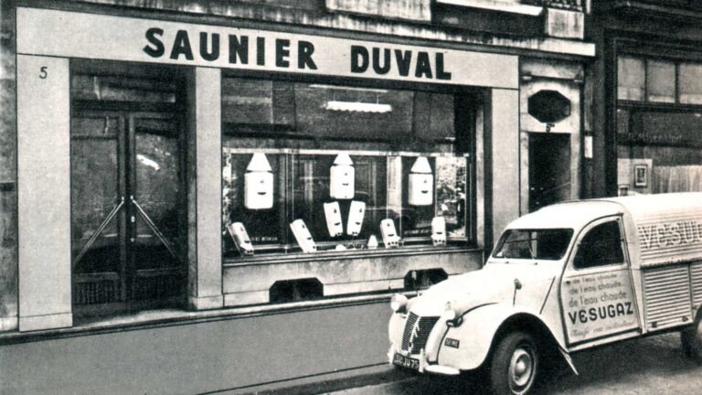Vintage black and white photo of an early Saunier Duval combination boiler